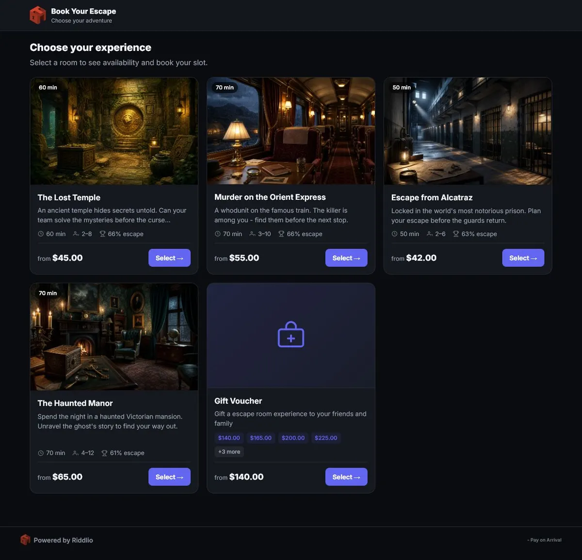 Riddlio public booking widget showing escape room images, duration, player ranges, prices, gift vouchers, and select buttons